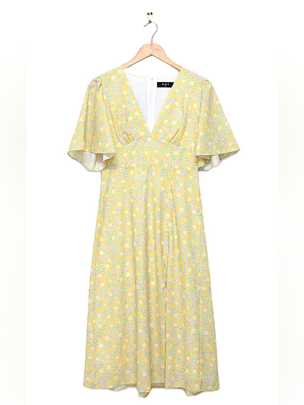 Anthropologie OPT enata Yellow Floral Flutter Sleeve High Slit Midi Dress Sz S - Picture 3 of 12